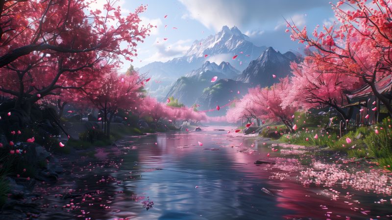 blossom, mountains, river (horizontal)