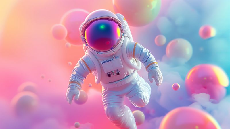 astronaut, pink, balls (horizontal)