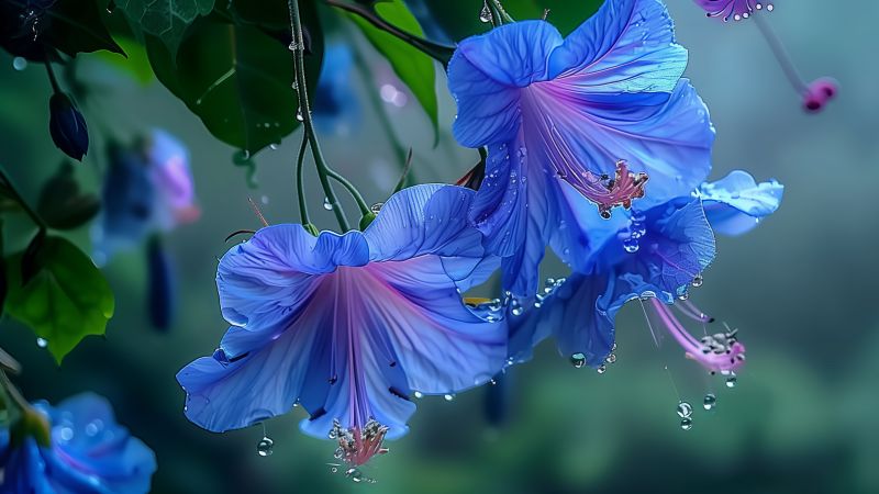 flowers, blue, rain (horizontal)