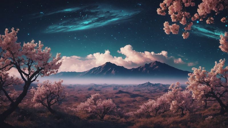 mountains, night, blossom (horizontal)