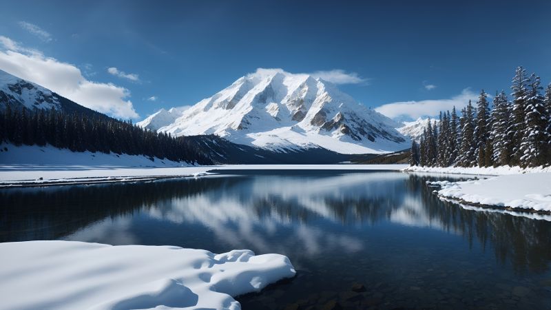 lake, mountains, forest, snow (horizontal)