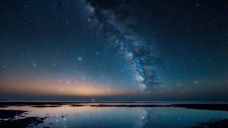 milky way, stars, lake (horizontal)