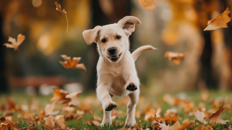 cute pets wallpaper, autumn leaves, cozy pets, background for desktop wallpaper (horizontal)