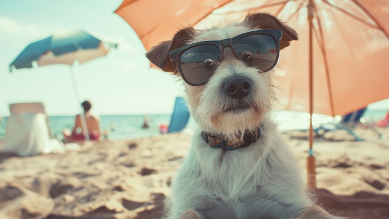 dog sunglasses wallpaper, summer fun, sunny days, background for desktop wallpaper (horizontal)