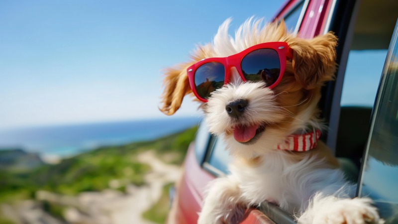 dog sunglasses wallpaper, summer fun, sunny days, background for desktop wallpaper (horizontal)