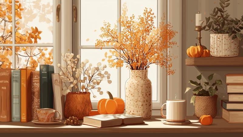 fall decor wallpaper, autumn style, pumpkin spice, background for desktop wallpaper (horizontal)