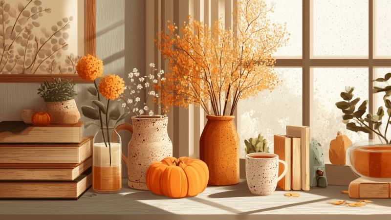 fall decor wallpaper, autumn style, warm beverages, background for desktop wallpaper (horizontal)