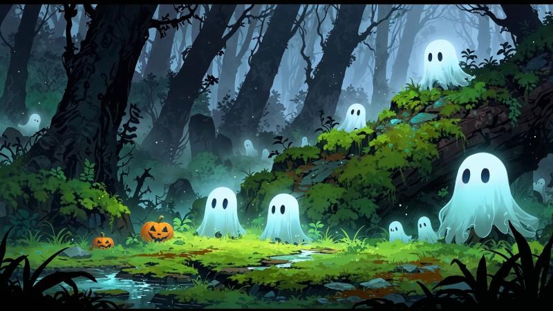 halloween ghosts wallpaper, foggy forest, enchanted woods, background for desktop wallpaper (horizontal)