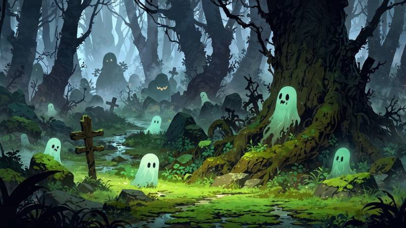 ghosts wallpaper, cute halloween, haunted forest, background for desktop wallpaper (horizontal)