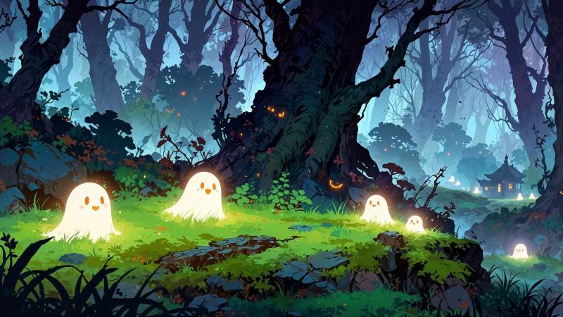 ghosts wallpaper, cute halloween, spooky vibes, background for desktop wallpaper (horizontal)