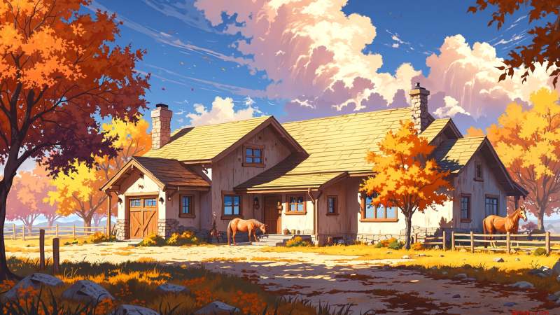 modern farmhouse wallpaper, autumn house, farmhouse style, background for desktop wallpaper (horizontal)