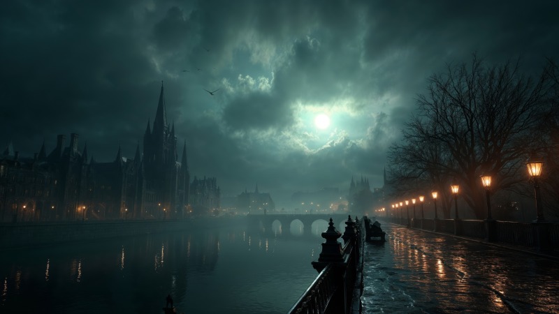 gothic wallpaper, mysterious fog, shadowy figures, background for desktop wallpaper (horizontal)