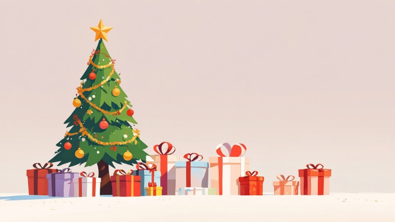 christmas tree ornaments wallpaper, merry and bright, gift packaging, background for desktop wallpaper (horizontal)