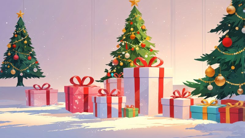 holiday shopping wallpaper, winter gifts, festive gifts, background for desktop wallpaper (horizontal)