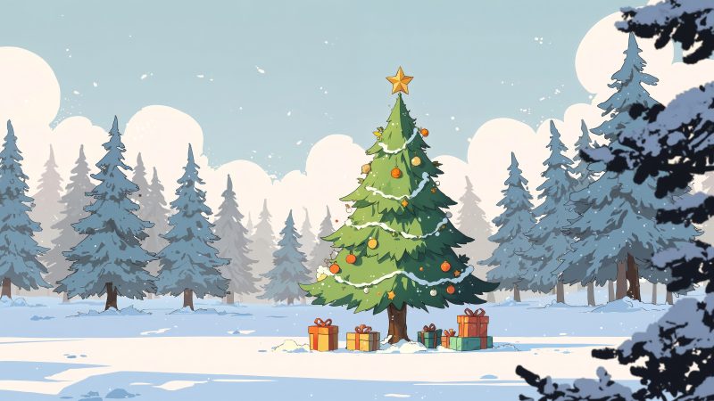 pine tree forest wallpaper, snowy evening, snow-covered pine tree, background for desktop wallpaper (horizontal)