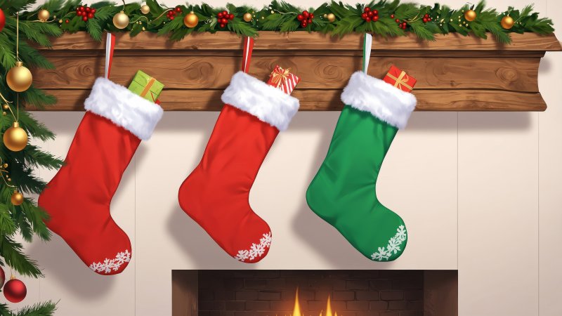 stocking wallpaper, stuffers, holiday treats, background for desktop wallpaper (horizontal)