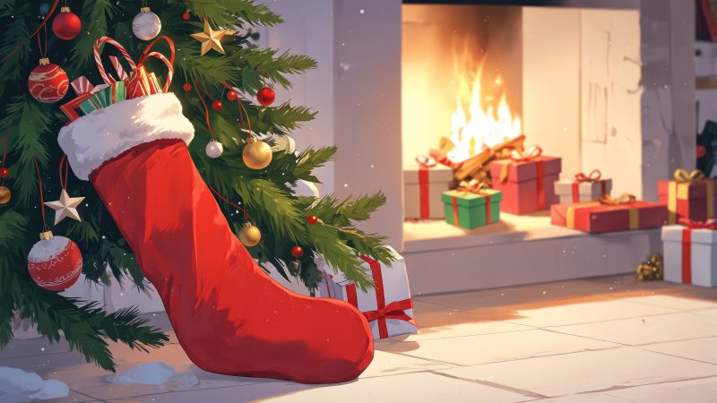 stocking wallpaper, stuffers, small presents, background for desktop wallpaper (horizontal)