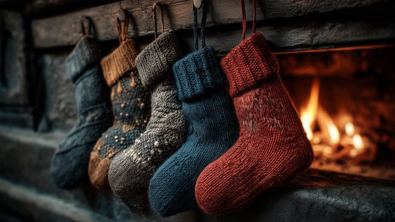 christmas stocking wallpaper, stocking stuffers, fireplace mantel decor, background for desktop wallpaper (horizontal)