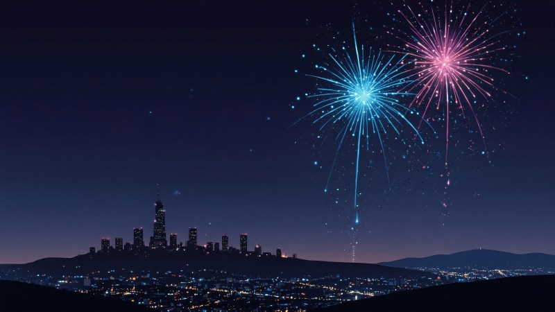 new year fireworks wallpaper, cityscape, city lights, background for desktop wallpaper (horizontal)