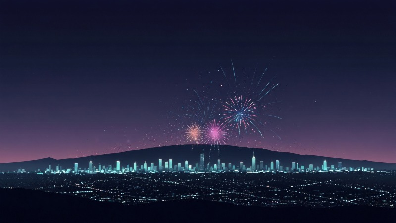new year fireworks wallpaper, cityscape, holiday festivities, background for desktop wallpaper (horizontal)