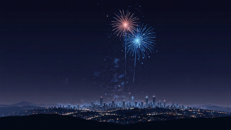 new year fireworks wallpaper, cityscape, holiday festivities, background for desktop wallpaper (horizontal)