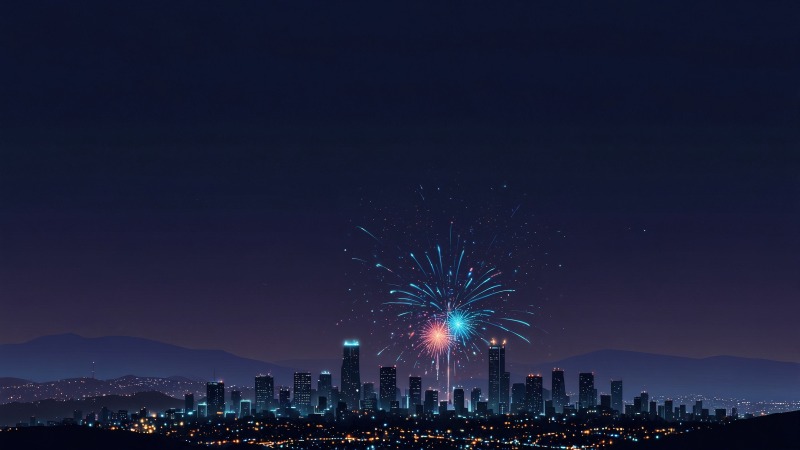 new year fireworks wallpaper, cityscape, holiday festivities, background for desktop wallpaper (horizontal)