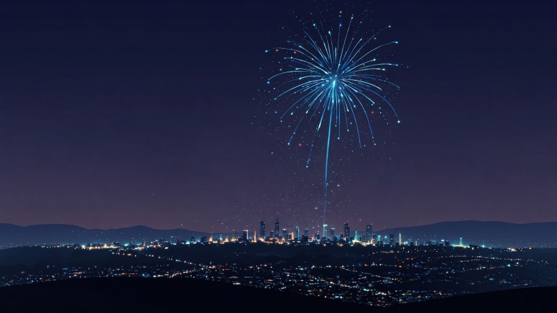 new year fireworks wallpaper, cityscape, countdown to midnight, background for desktop wallpaper (horizontal)