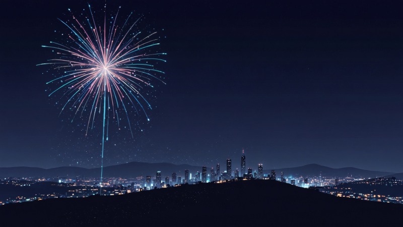 new year fireworks wallpaper, cityscape, holiday festivities, background for desktop wallpaper (horizontal)