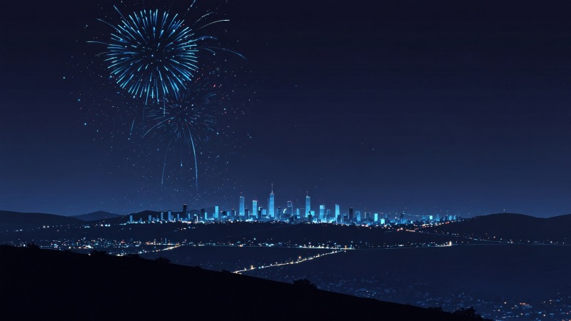 new years eve wallpaper, city lights, skyline view, background for desktop wallpaper (horizontal)
