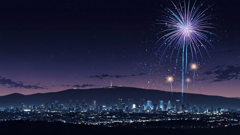 skyline wallpaper, pyrotechnics, countdown to midnight, background for desktop wallpaper (horizontal)