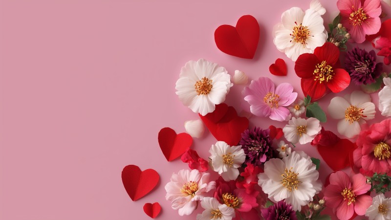 pink decoration wallpaper, heartfelt gift, valentine flowers, background for desktop wallpaper (horizontal)