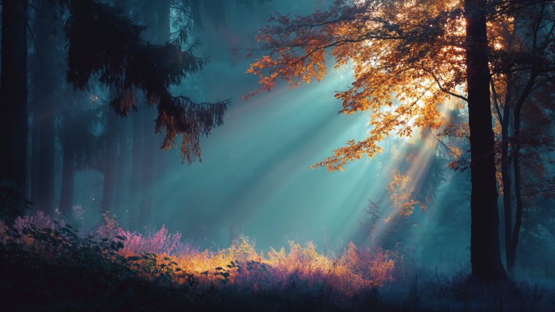 peaceful landscape wallpaper, sunlight filtering, autumn forest, background for desktop wallpaper (horizontal)