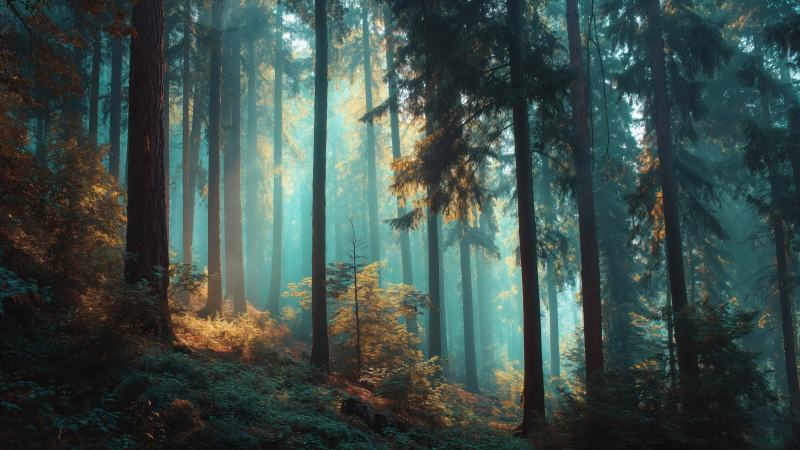 dappled light wallpaper, fairy tale forest, magical woods, background for desktop wallpaper (horizontal)