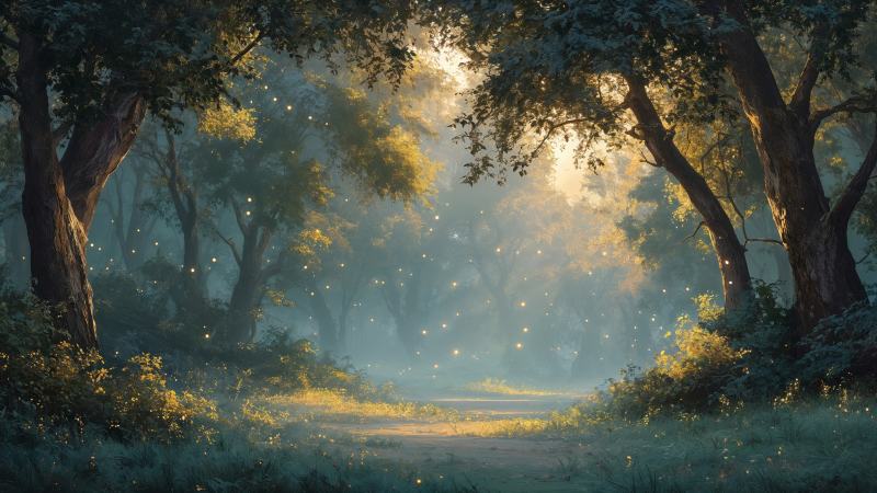 tranquil grove wallpaper, colorful light, fantasy imagery, background for desktop wallpaper (horizontal)