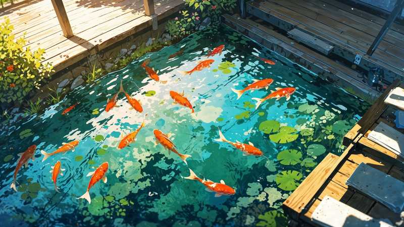 koi fish wallpaper, outdoor retreat, meditation art, background for desktop wallpaper (horizontal)