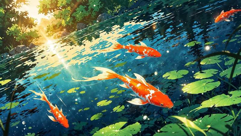 tranquil water wallpaper, asian aesthetics, pond landscape, background for desktop wallpaper (horizontal)