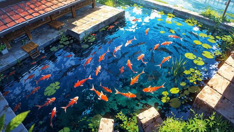 tranquil water wallpaper, relaxation space, garden tranquility, background for desktop wallpaper (horizontal)