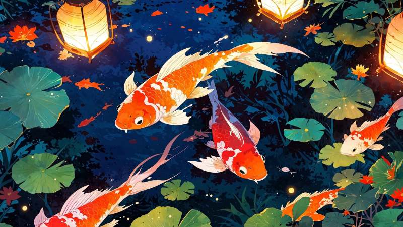 backyard pond wallpaper, meditation space, aquatic life, background for desktop wallpaper (horizontal)