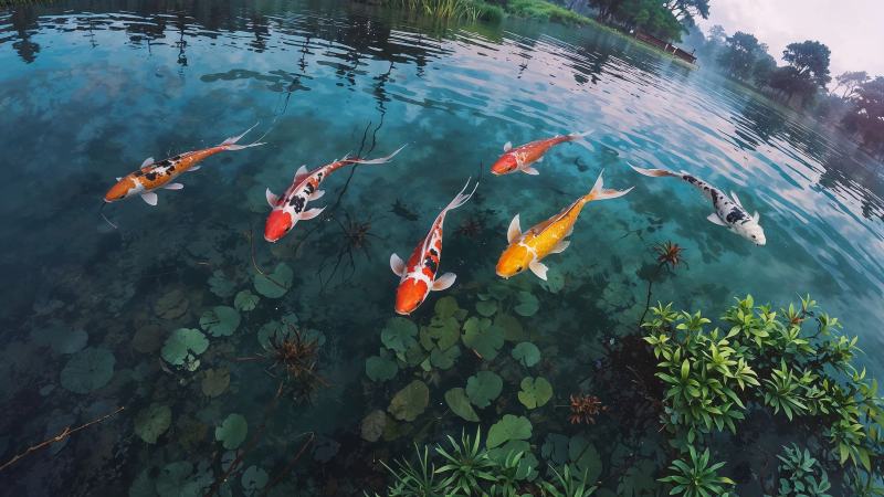 ornamental fish wallpaper, outdoor decor, garden tranquility, background for desktop wallpaper (horizontal)