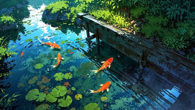koi wallpaper, ornamental fish, backyard oasis, background for desktop wallpaper (horizontal)