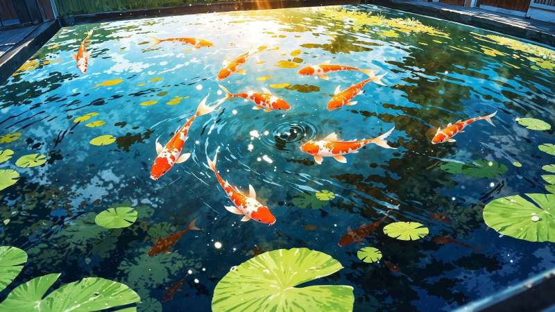 backyard pond wallpaper, japanese aesthetics, koi, background for desktop wallpaper (horizontal)