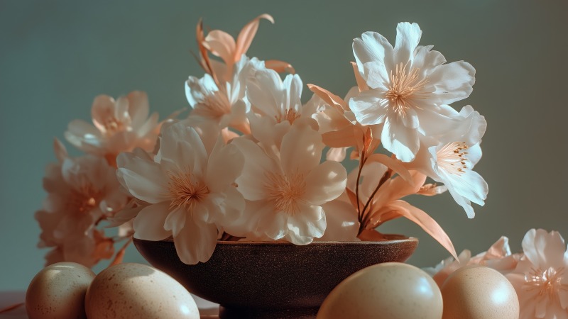 colorful eggs wallpaper, garden party, joyful moments, background for desktop wallpaper (horizontal)