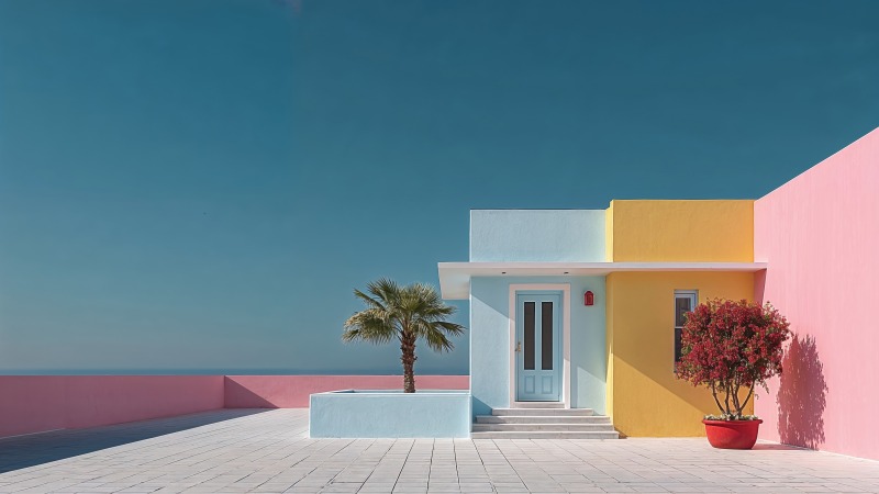 palm trees wallpaper, colorful buildings, coastal village, background for desktop wallpaper (horizontal)