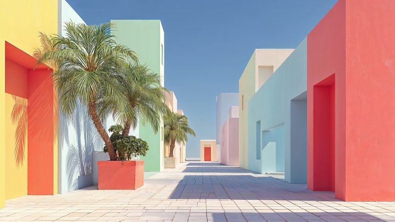 palm tree landscape wallpaper, warm weather, pastel houses, background for desktop wallpaper (horizontal)