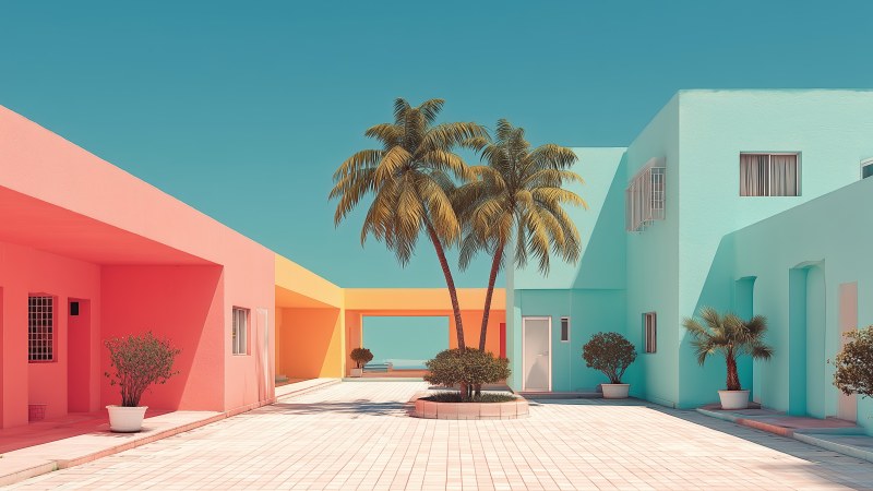 blue skies wallpaper, colorful architecture, sunny landscape, background for desktop wallpaper (horizontal)