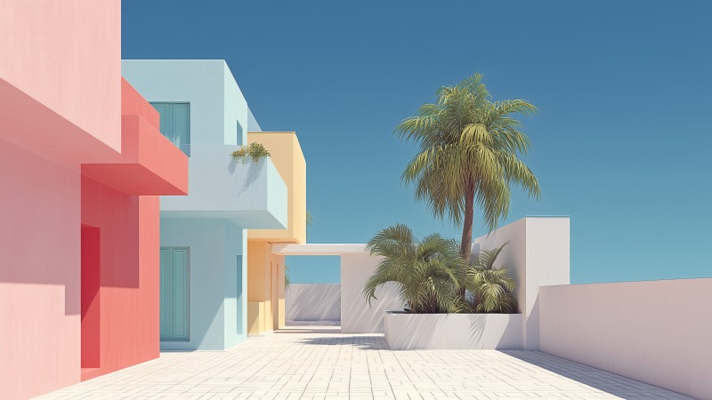 tranquil beach wallpaper, charming cottages, summer getaway, background for desktop wallpaper (horizontal)