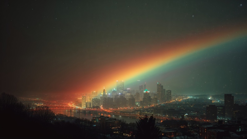 rainbow light wallpaper, colorful cityscape, city glow, background for desktop wallpaper (horizontal)