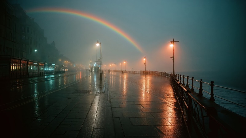 neon rainbow wallpaper, seaside sunset, urban aesthetic, background for desktop wallpaper (horizontal)