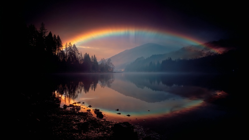 peaceful waters wallpaper, night scene, rainbow lake, background for desktop wallpaper (horizontal)