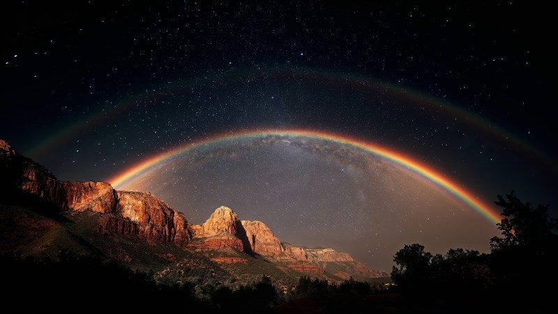 outdoor photography wallpaper, rainbow sky, starlit night, background for desktop wallpaper (horizontal)